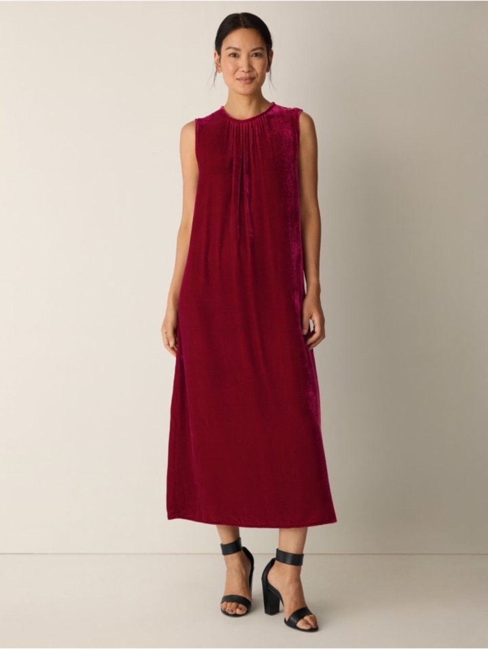 NWT Eileen Fisher Velvet Column Dress Ruby Red Sleeveless Midi Size M - Picture 1 of 11